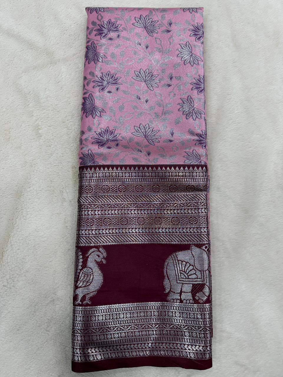 Onion color Pure Handloom Kanchipuram Silk Saree with Rich Silver Zari Weaving