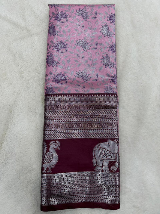 Onion color Pure Handloom Kanchipuram Silk Saree with Rich Silver Zari Weaving