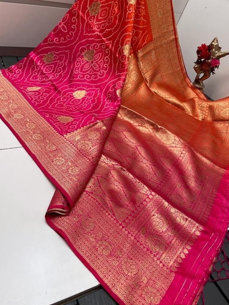 ✨ Orange Pink Dual Shaded Premium Dola Soft Silk Bandhej Saree