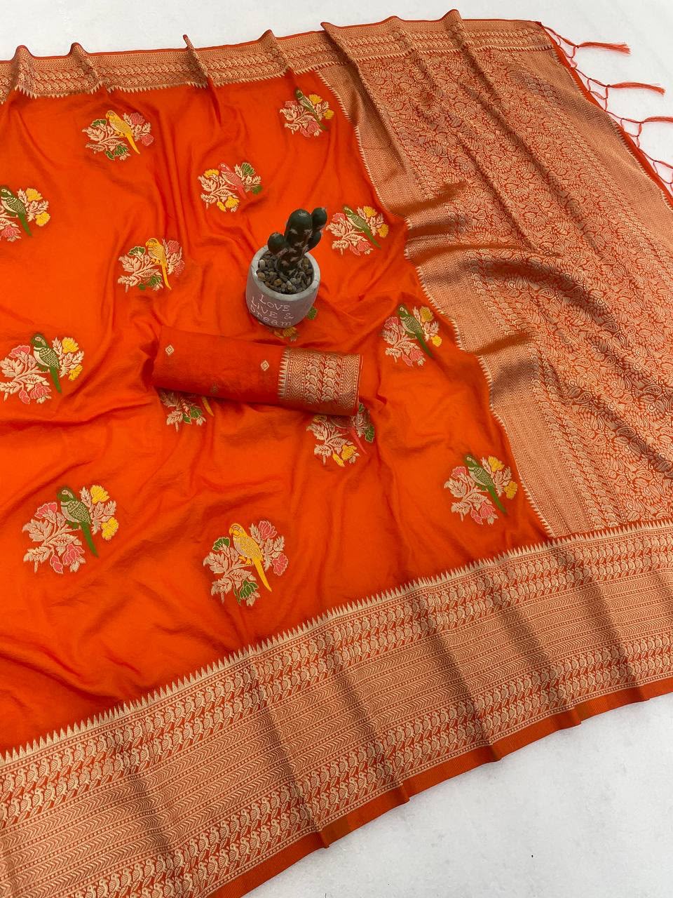Orange Hand Dyed Parrot Meenakari Khaddi Crepe Georgette Saree