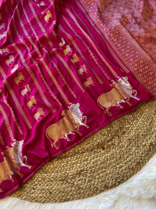 Exquisite Banarasi Soft Hand-Dyed Saree with Pichwai Cow Border
