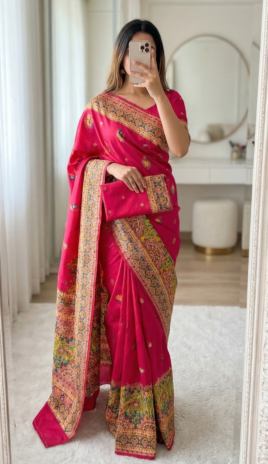 Pink Premium Pashmina Silk Saree with Paithani Inspired Border & Pallu