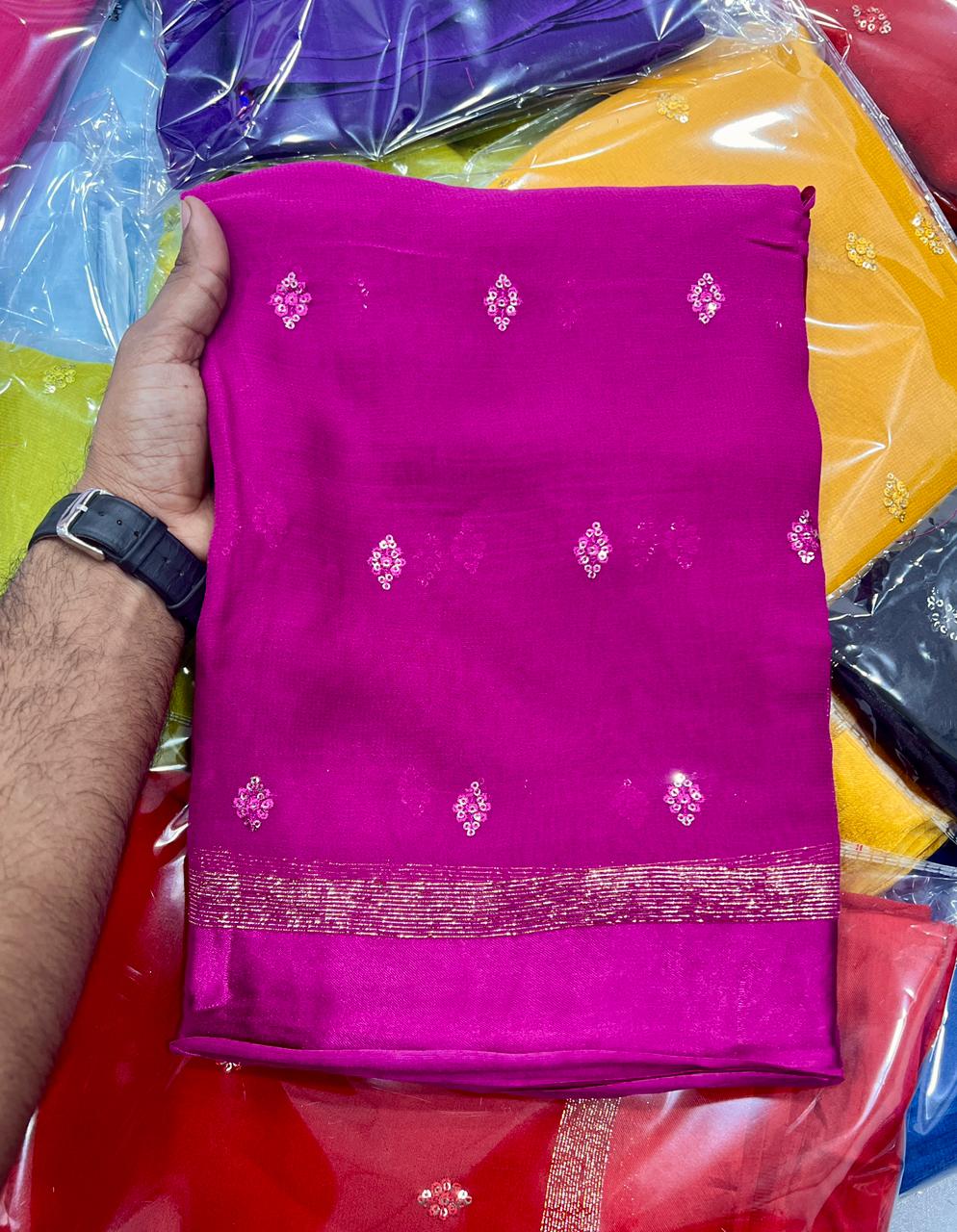 Satin Patta Pure Viscose Georgette Saree with Fancy Sequins Work