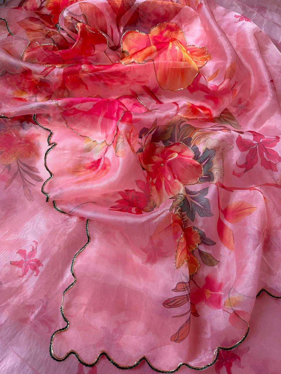 Exclusive Elegant Digital Handwork Organza Saree