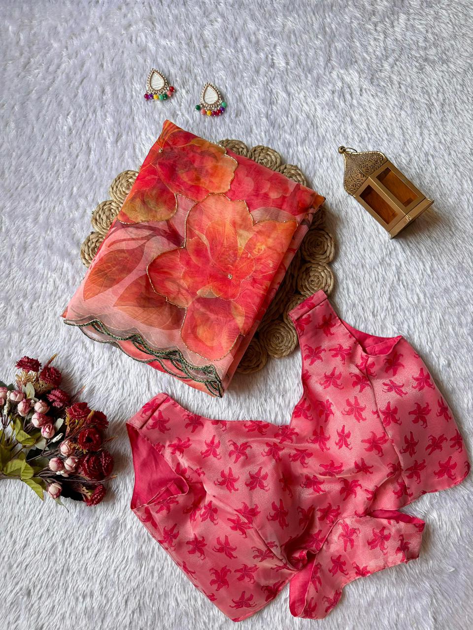 Exclusive Elegant Digital Handwork Organza Saree