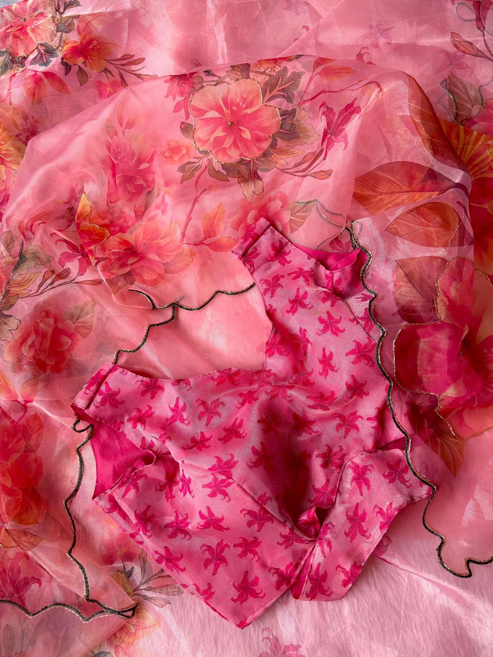 Exclusive Elegant Digital Handwork Organza Saree