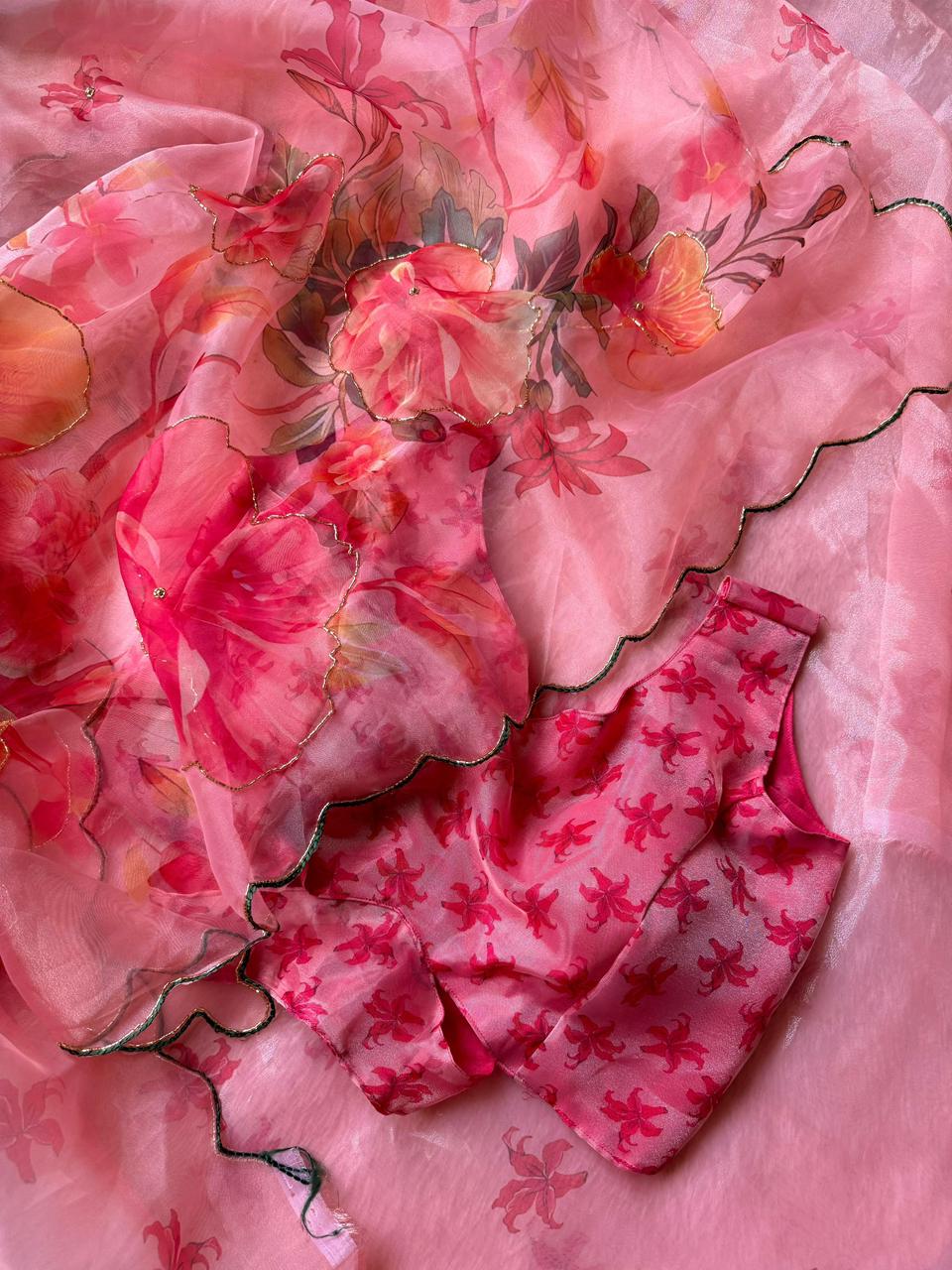 Exclusive Elegant Digital Handwork Organza Saree