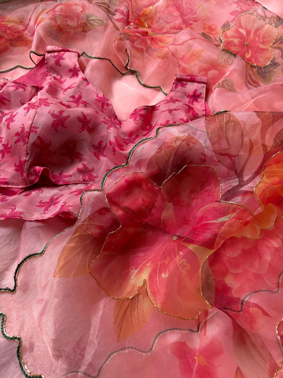 Exclusive Elegant Digital Handwork Organza Saree