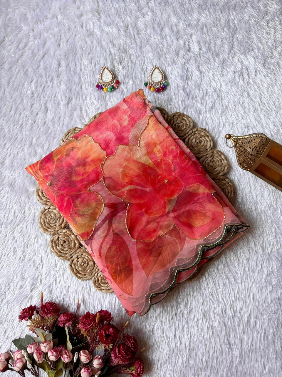 Exclusive Elegant Digital Handwork Organza Saree