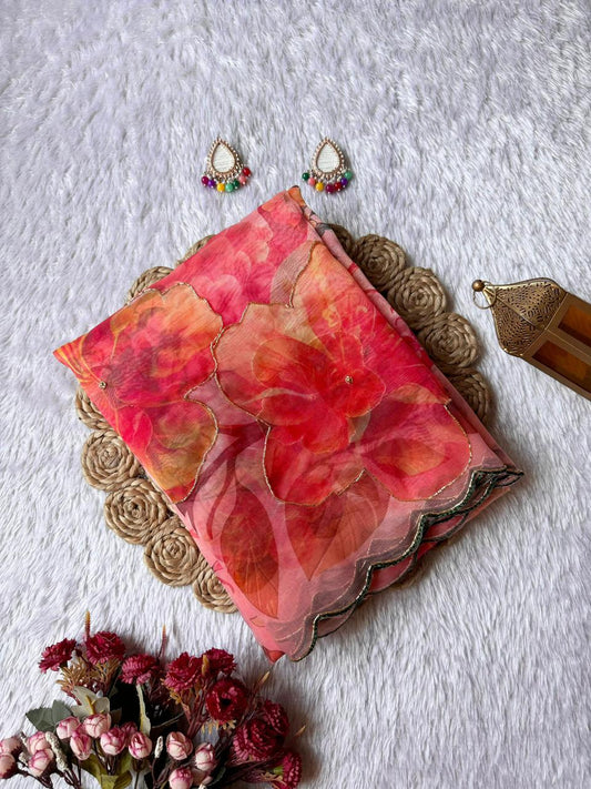 Exclusive Elegant Digital Handwork Organza Saree