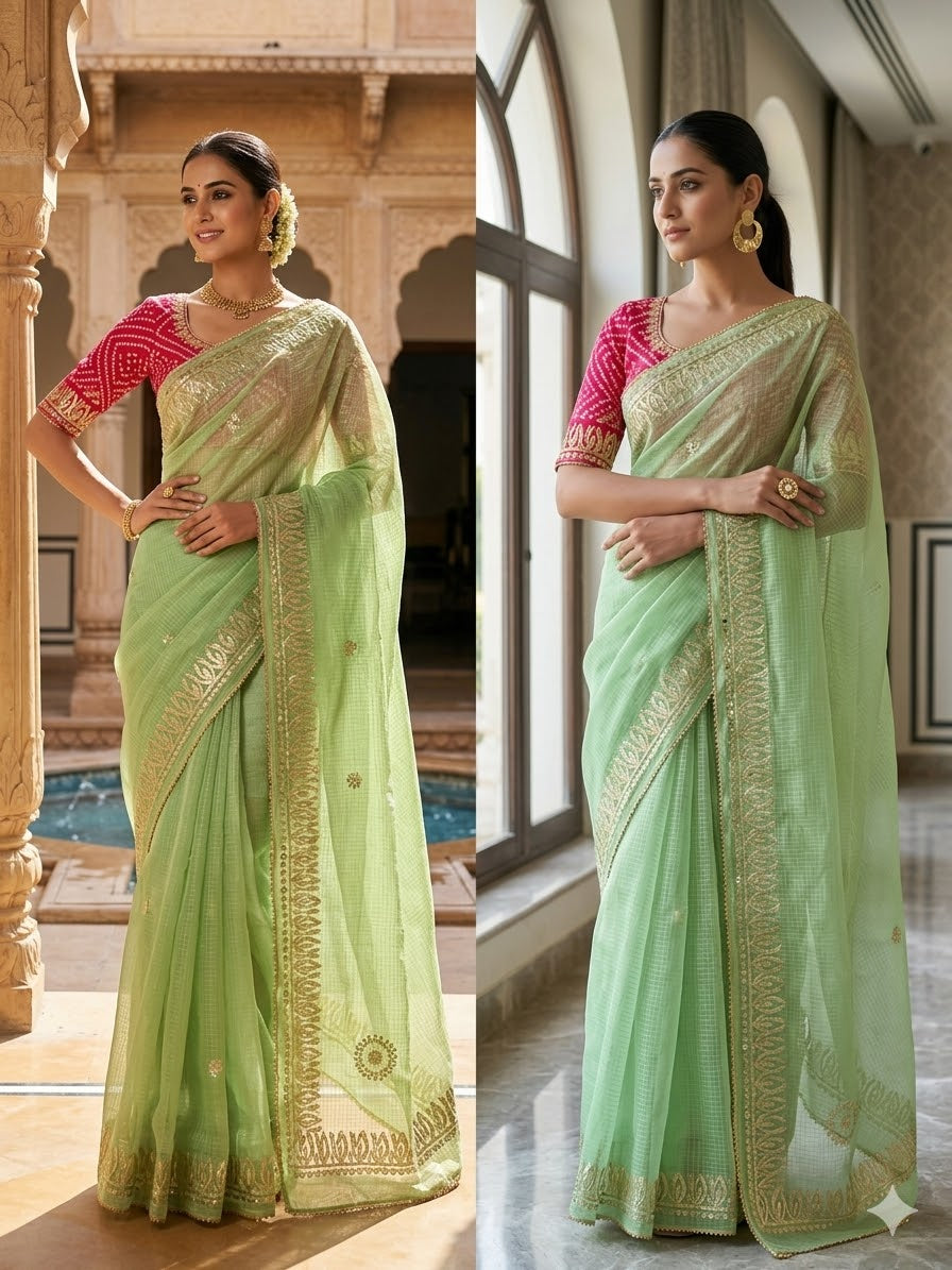 Elegant Kota Doriya Saree with Rajasthani Gota Patti Work