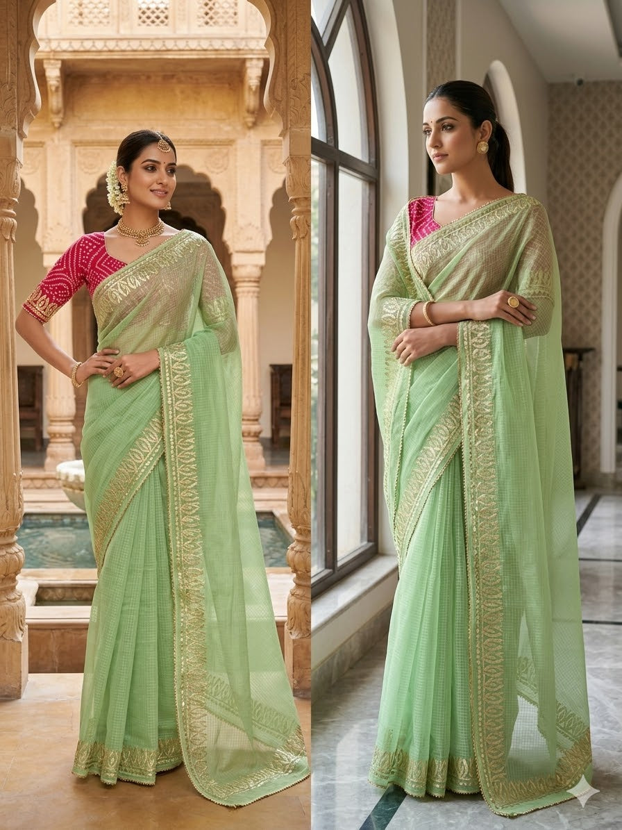 Elegant Kota Doriya Saree with Rajasthani Gota Patti Work