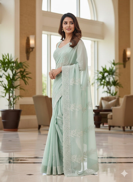 Exclusive Premium Fandy Satin Embroidery Work Saree