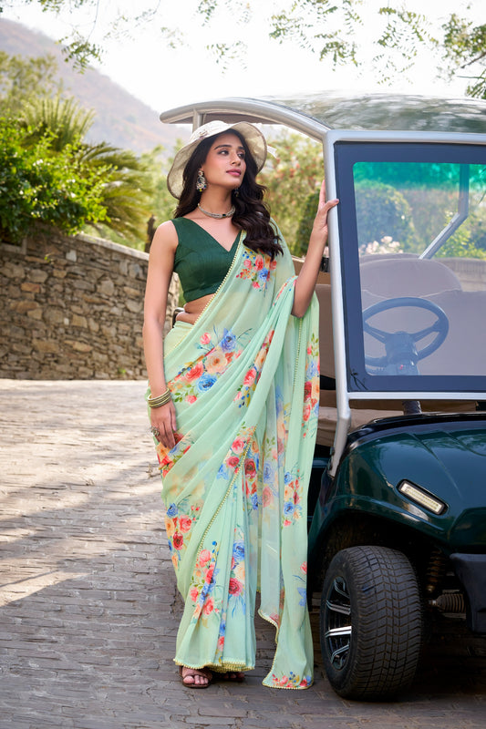 Weightless Charm, Pearled Grace – Elegant Marble Print Saree