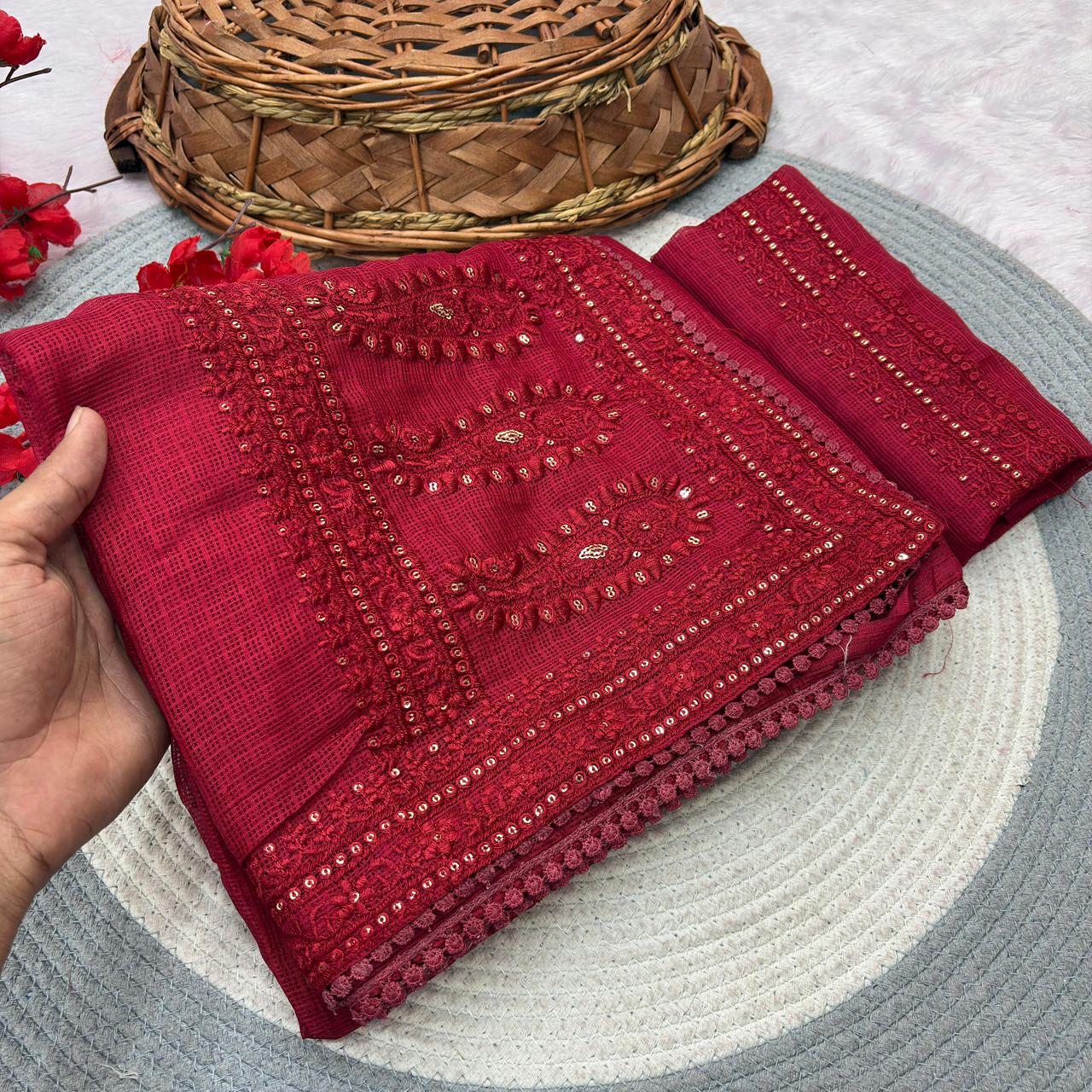 Pure Soft Kota Doriya Silk Embroidery Saree – Elegant & Lightweight Luxury