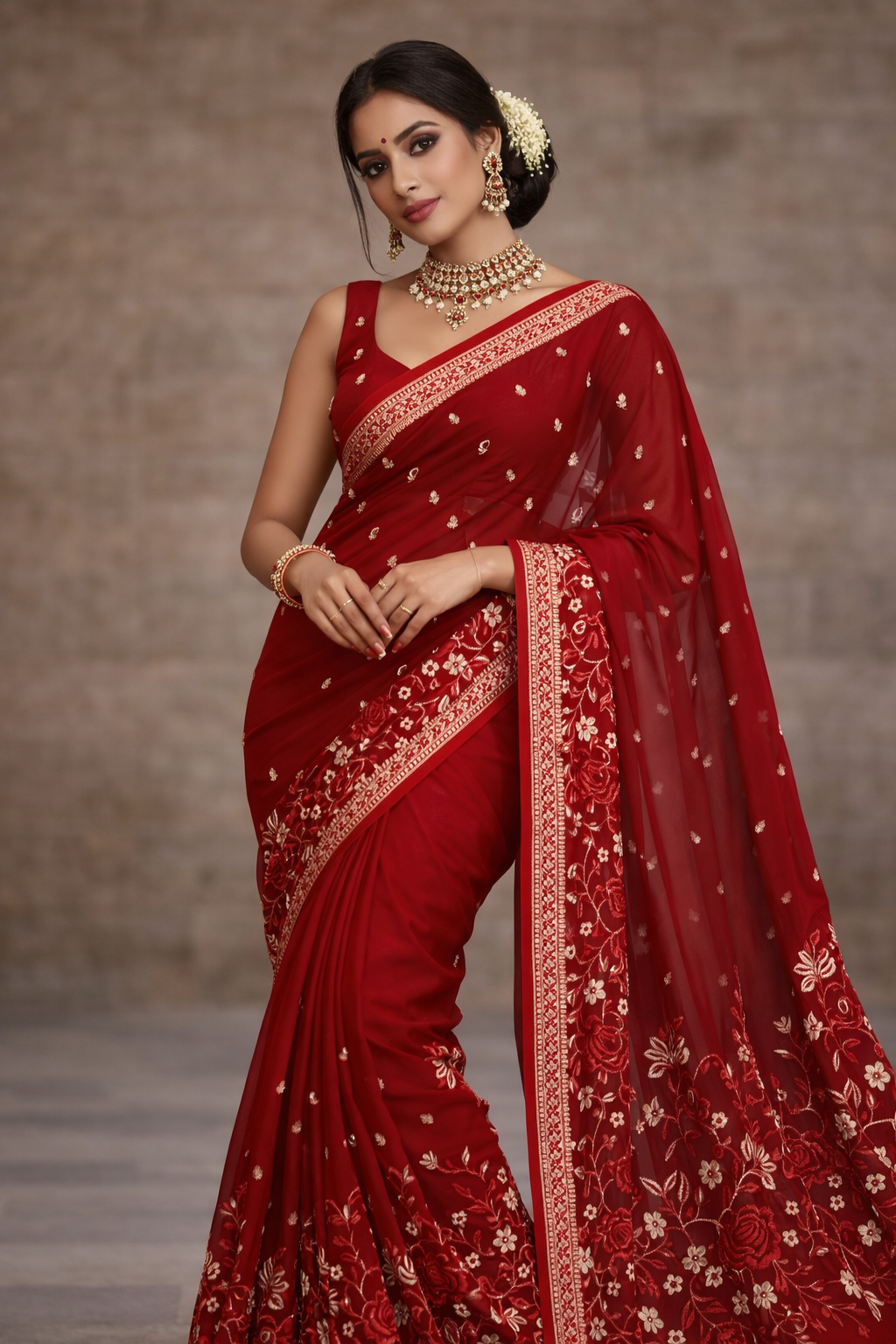 Classy Pure Georgette Saree with Shaded Floral Embroidery