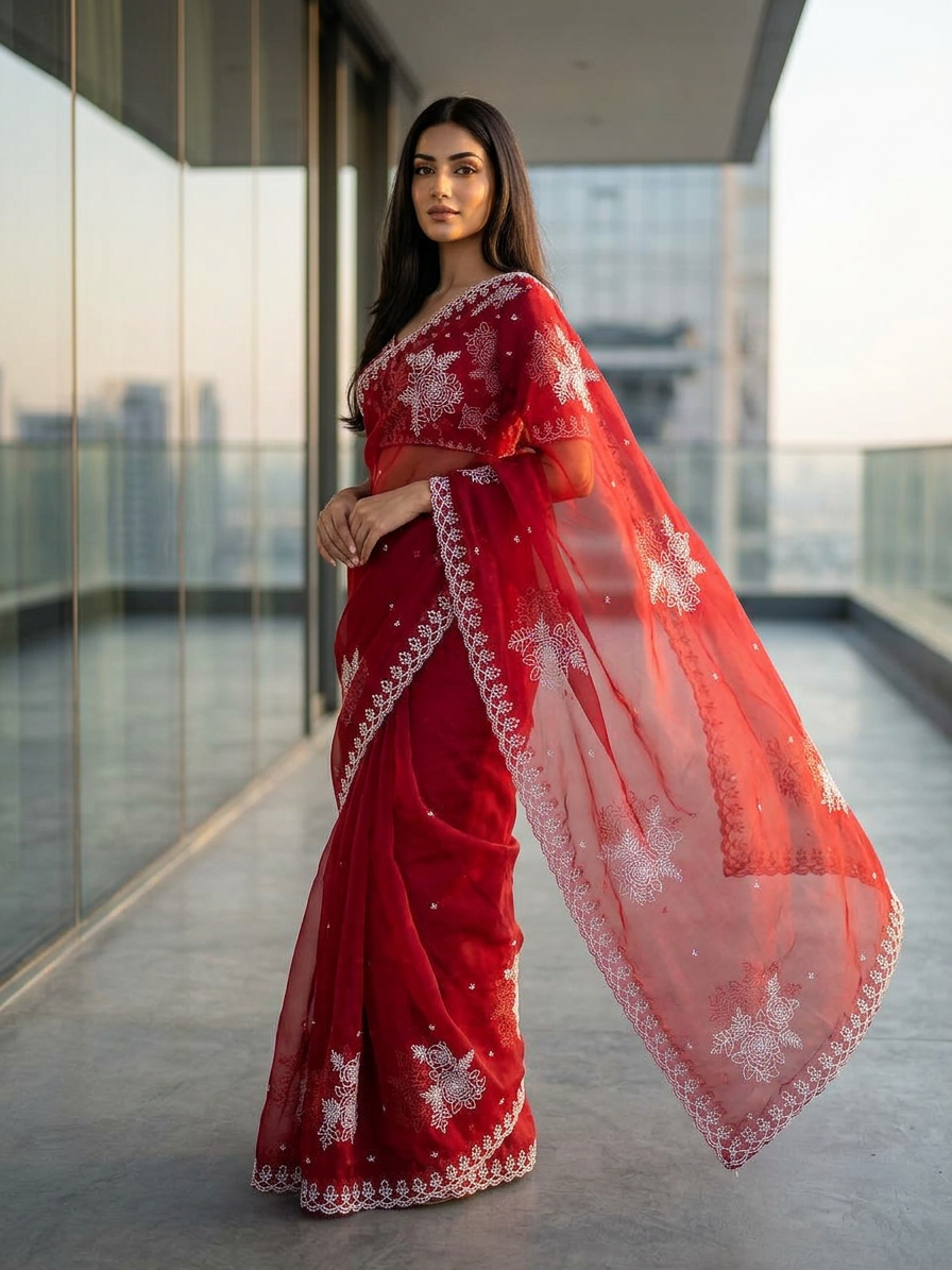 Soft Tebby Organza Saree with Multi Thread Work & Scallop Border