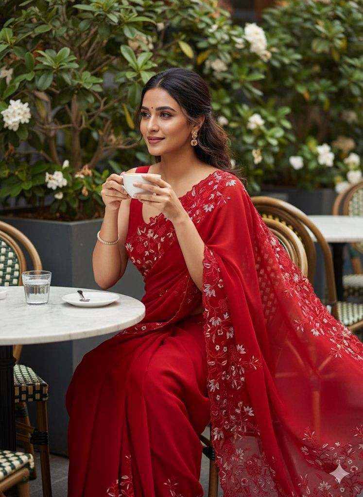 Classy Pure Georgette Saree with Shaded Floral Embroidery