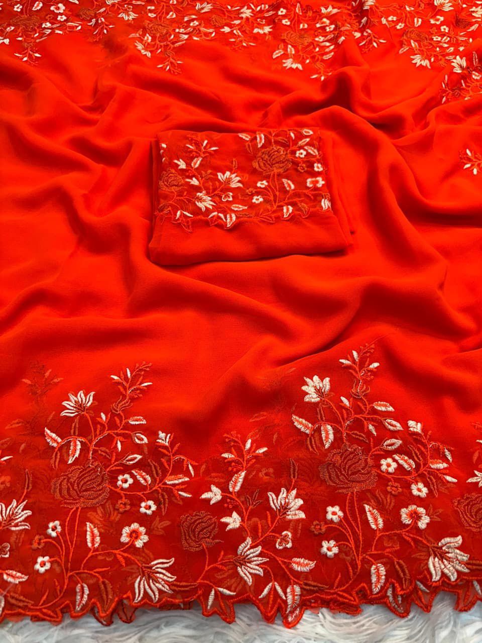 Classy Pure Georgette Saree with Shaded Floral Embroidery
