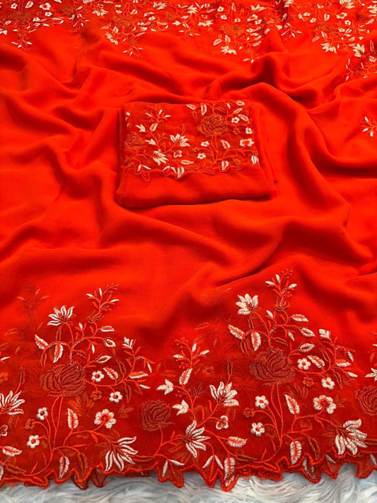 Classy Pure Georgette Saree with Shaded Floral Embroidery