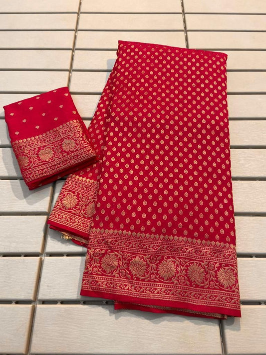 Red Pure Khaddi Georgette Silk Saree with Rich Zari Woven Pallu