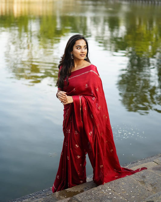 Red Premium Viscose Khadi Silk Saree with Satin Border & Jacquard Leaf Design