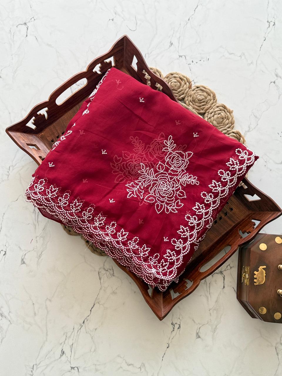 Soft Tebby Organza Saree with Multi Thread Work & Scallop Border