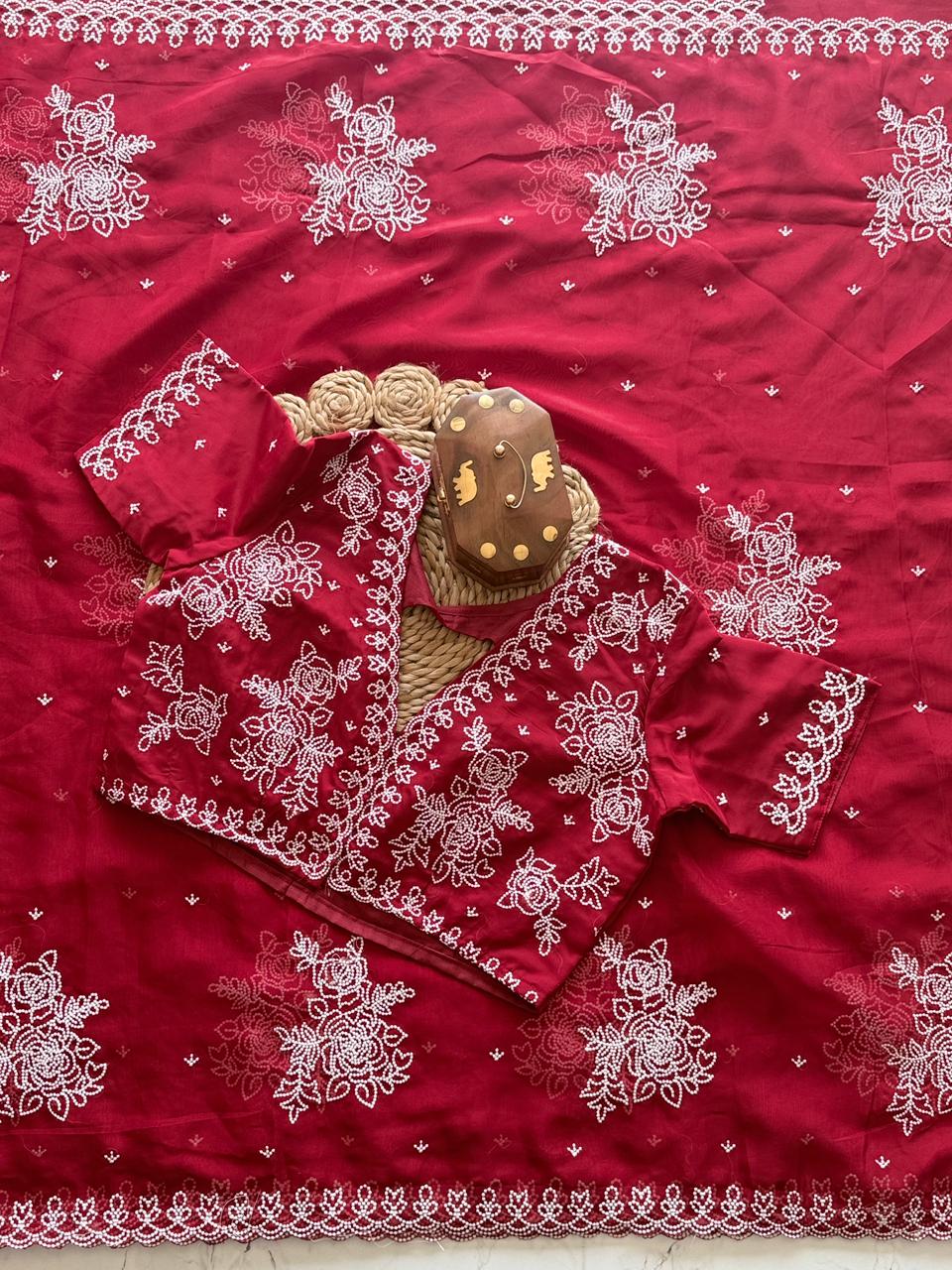 Soft Tebby Organza Saree with Multi Thread Work & Scallop Border