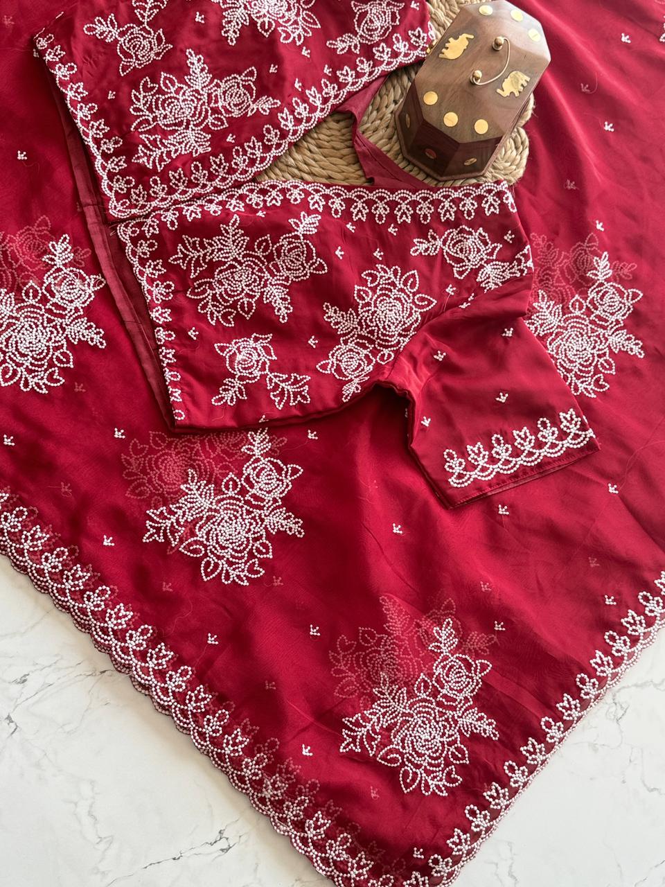 Soft Tebby Organza Saree with Multi Thread Work & Scallop Border