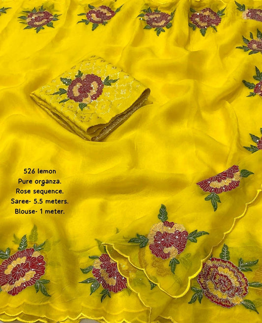 Premium Lemon Organza Saree with Heavy Rose Sequin Embroidery & Banarasi Silk Blouse