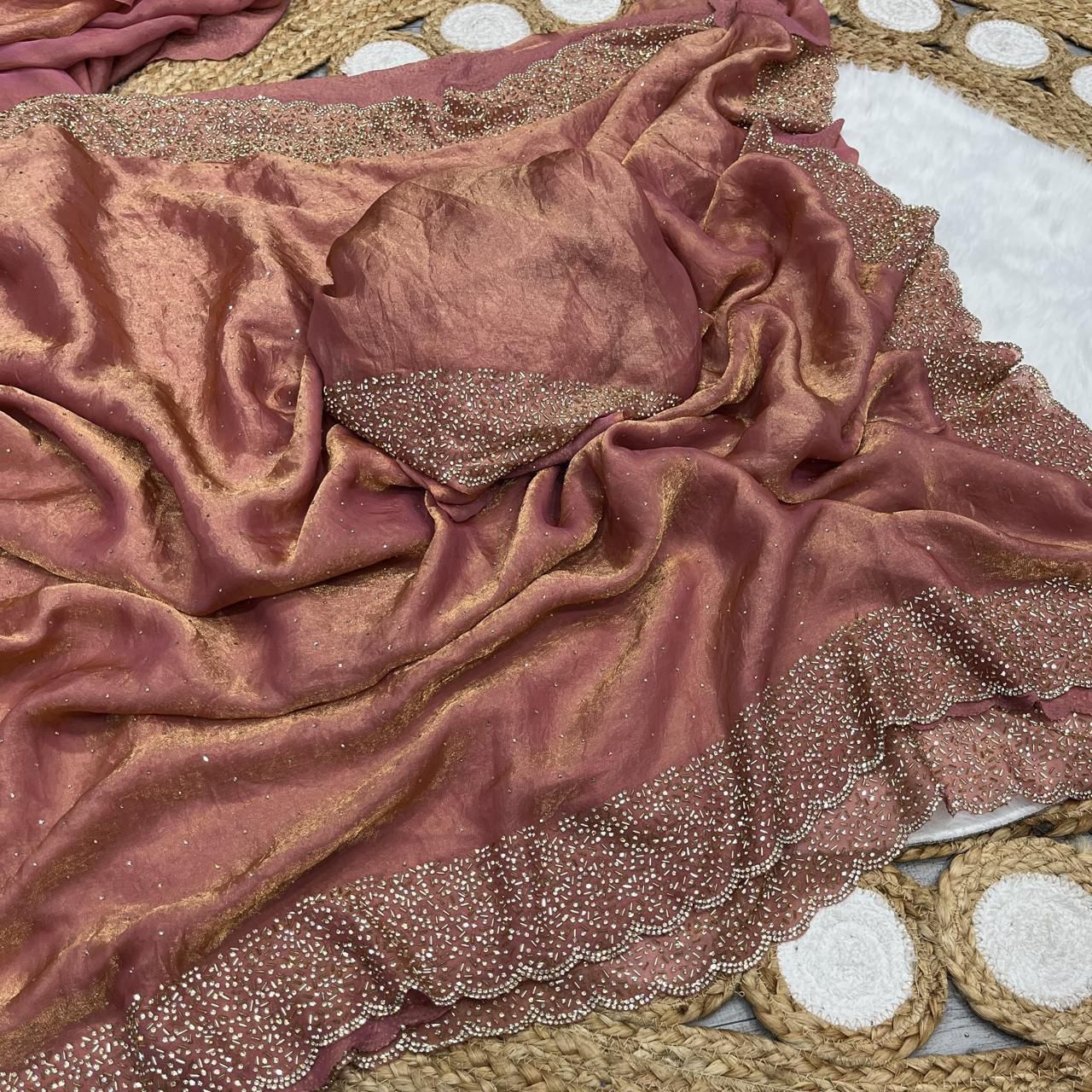 Rust Chocolate Dual Tone Moss Satin Saree with Multi Embroidery Sequins Work & Running Blouse