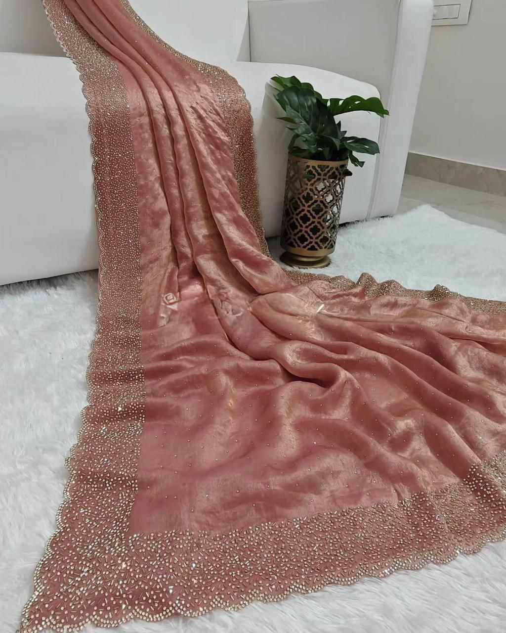 Rust Chocolate Dual Tone Moss Satin Saree with Multi Embroidery Sequins Work & Running Blouse