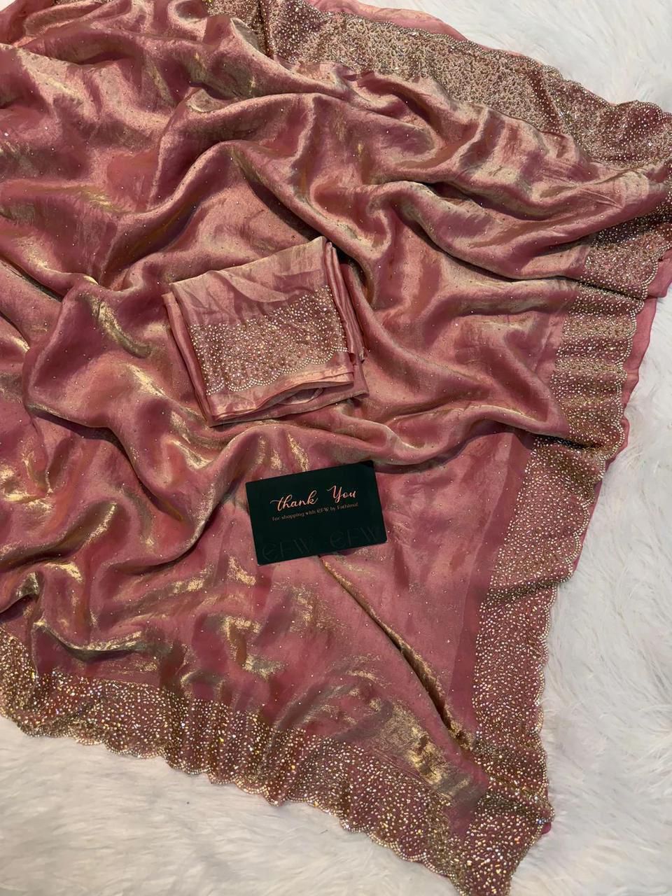Rust Chocolate Dual Tone Moss Satin Saree with Multi Embroidery Sequins Work & Running Blouse