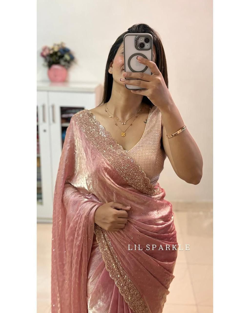 Rust Chocolate Dual Tone Moss Satin Saree with Multi Embroidery Sequins Work & Running Blouse