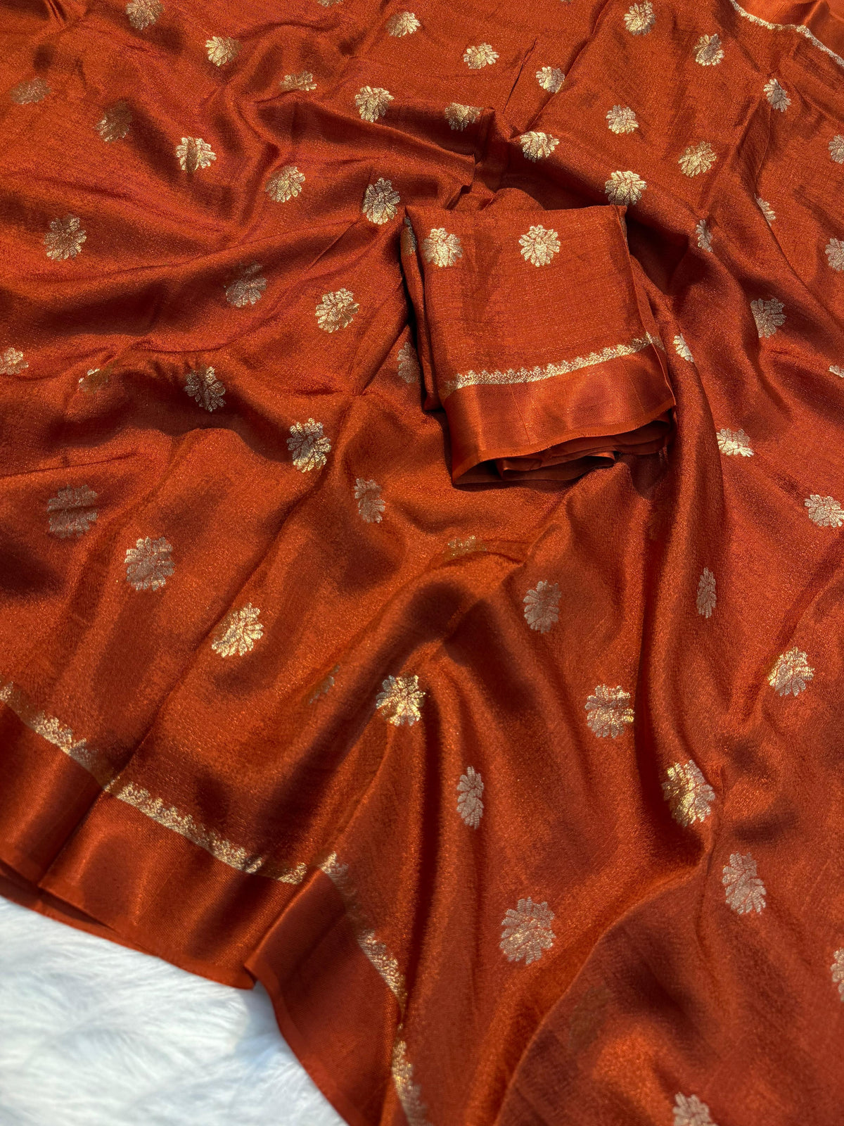 Rust orange Premium Viscose Khadi Silk Saree with Satin Border & Jacquard flower Design