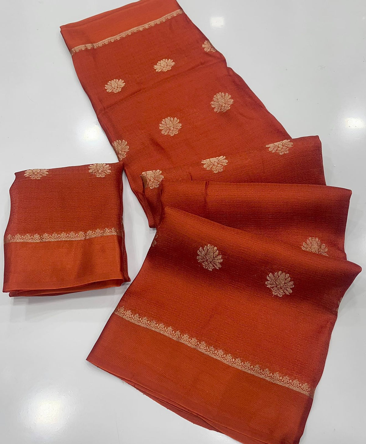 Rust orange Premium Viscose Khadi Silk Saree with Satin Border & Jacquard flower Design