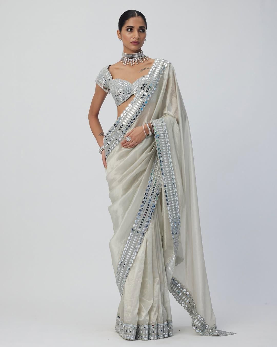 Elegant Mirror Work Satin Organza Saree – Designer Partywear Collection