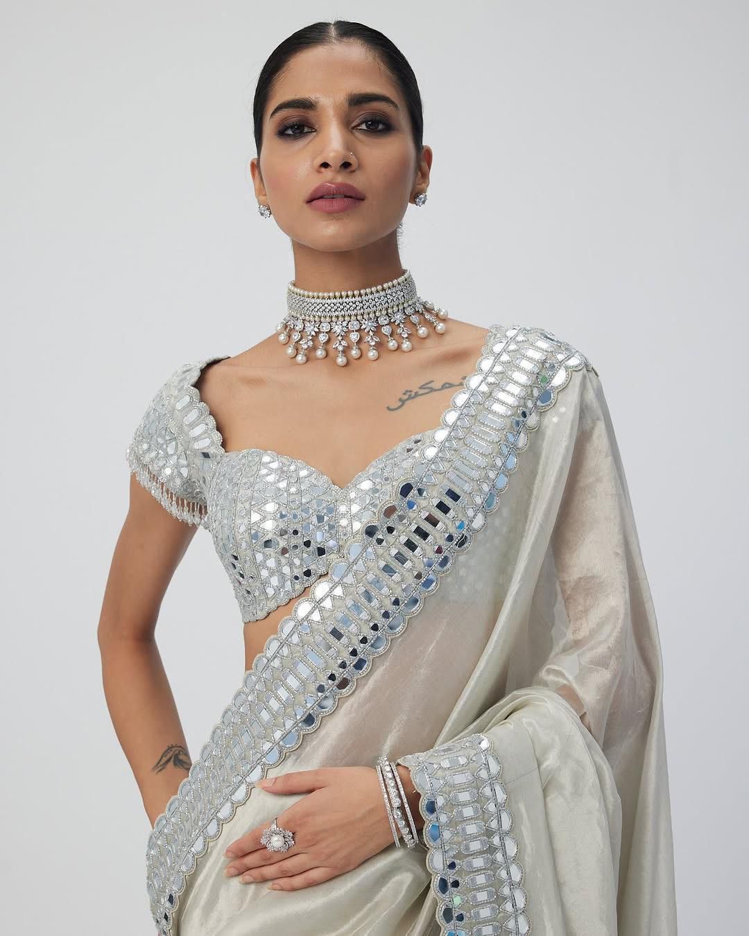 Elegant Mirror Work Satin Organza Saree – Designer Partywear Collection