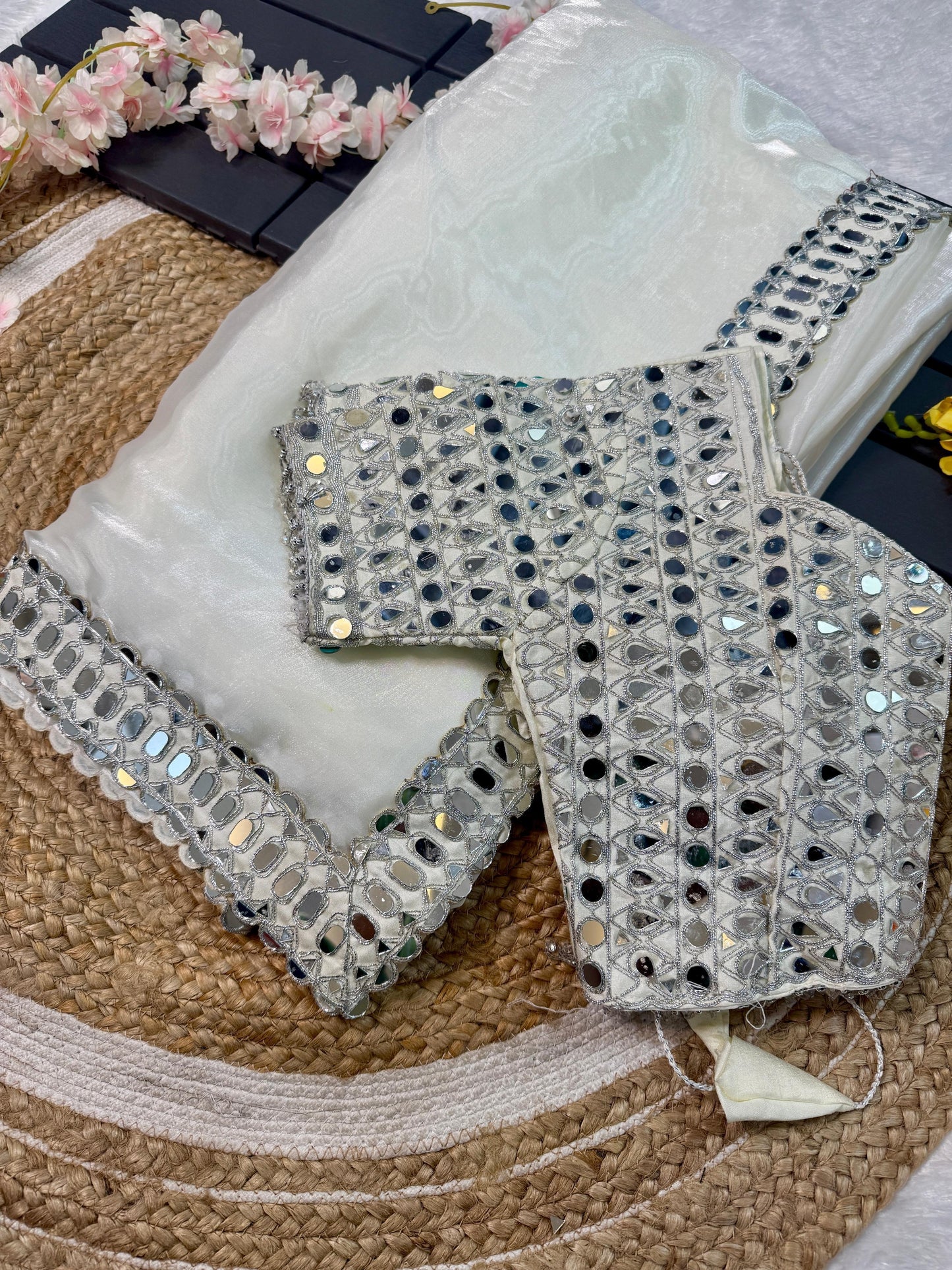 Elegant Mirror Work Satin Organza Saree – Designer Partywear Collection