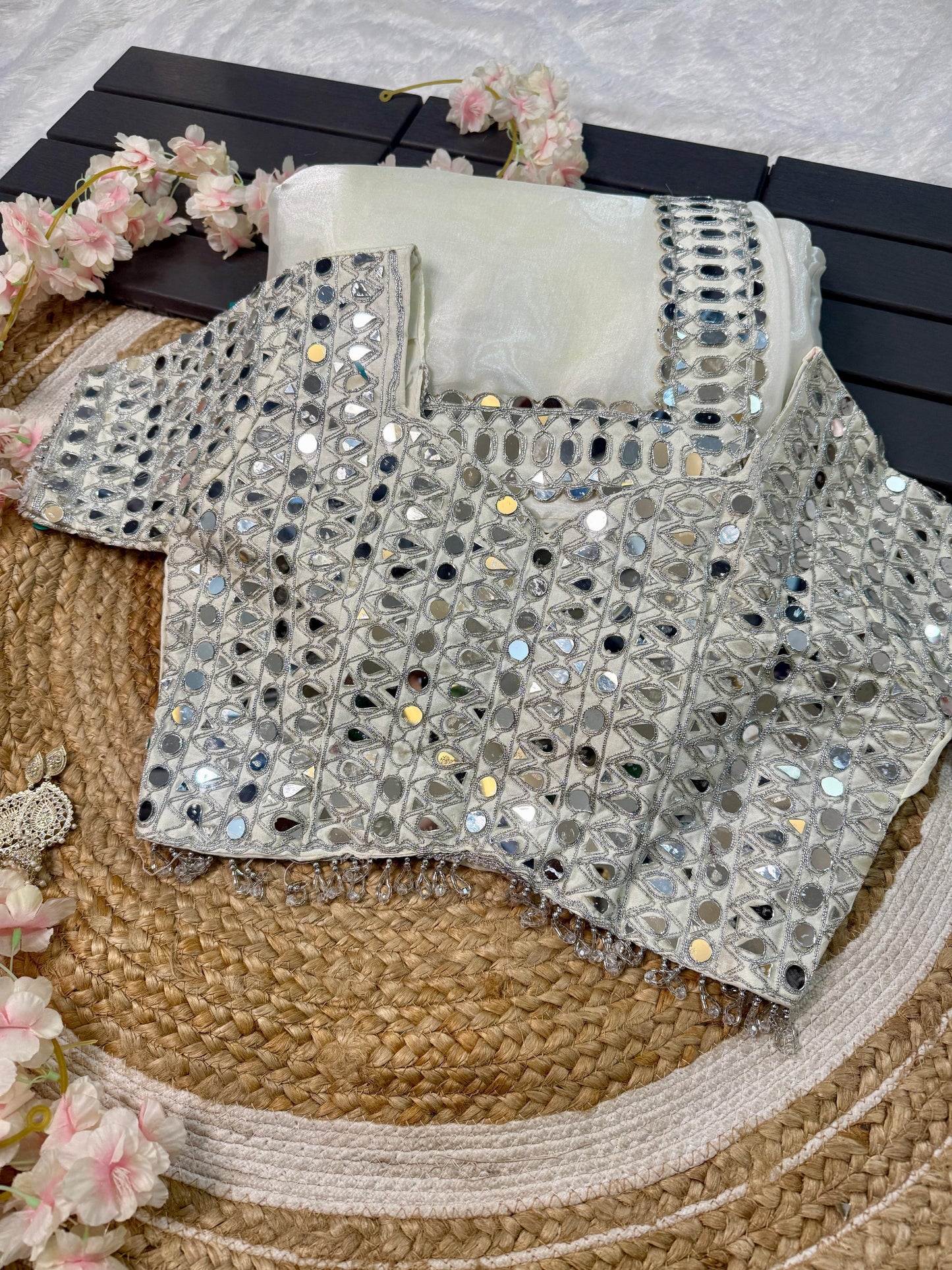 Elegant Mirror Work Satin Organza Saree – Designer Partywear Collection