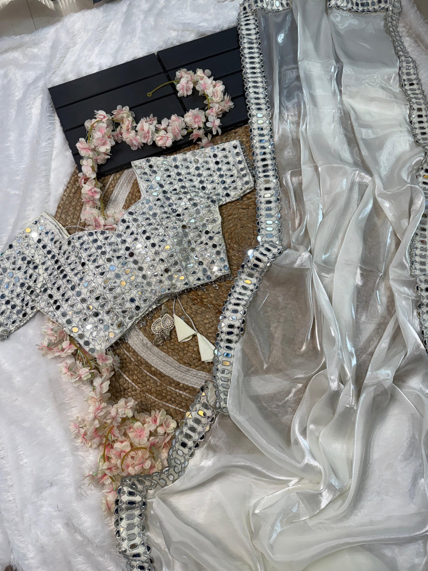 Elegant Mirror Work Satin Organza Saree – Designer Partywear Collection