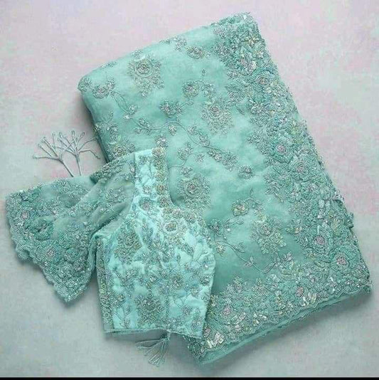 Heavy Khadi Organza Silk Saree with Zari Embroidery & 3mm Sequin Work