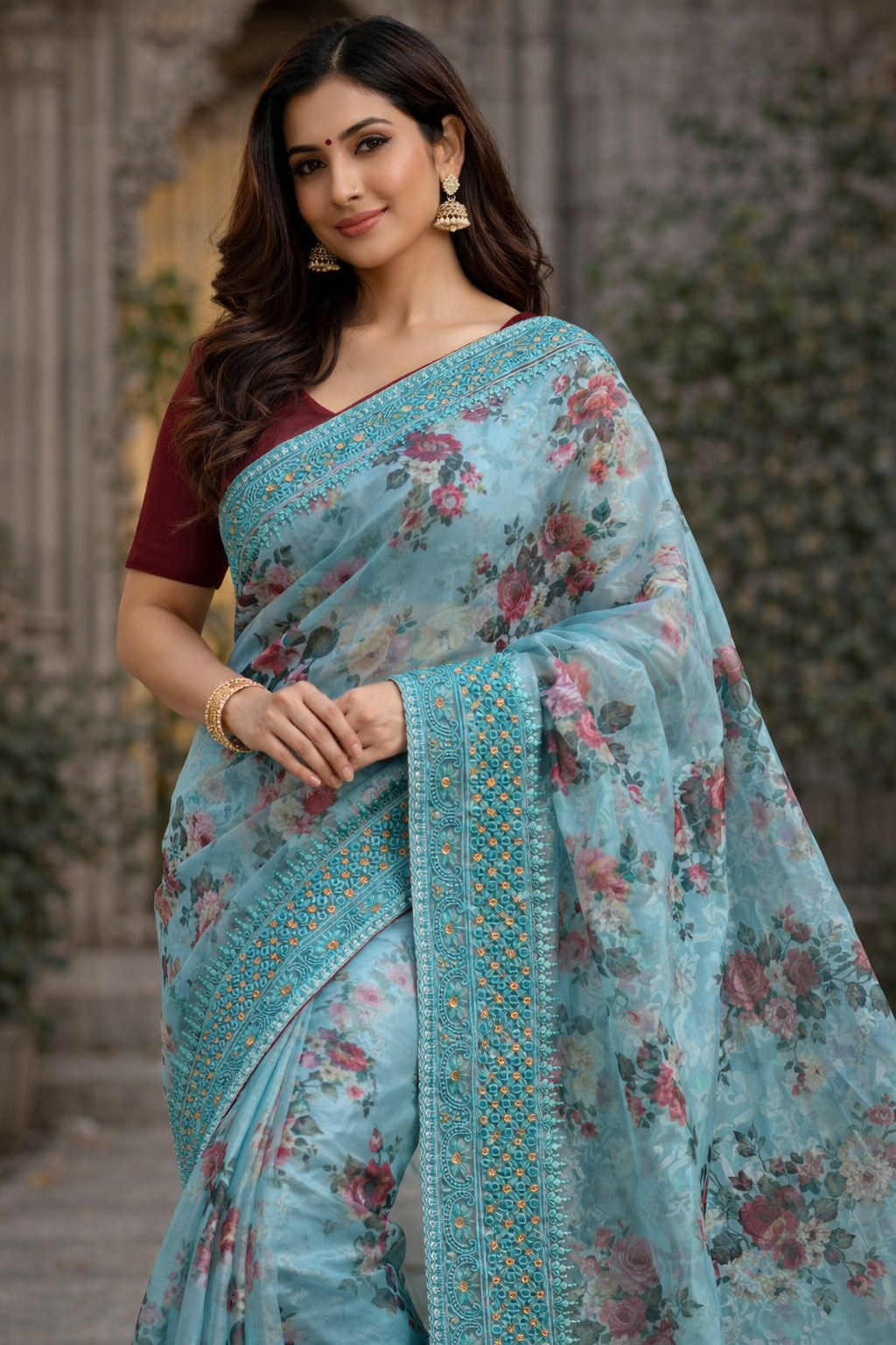 Superb Soft Refined Organza Silk Saree with Floral Digital Print & Lucknowi Chikankari Work