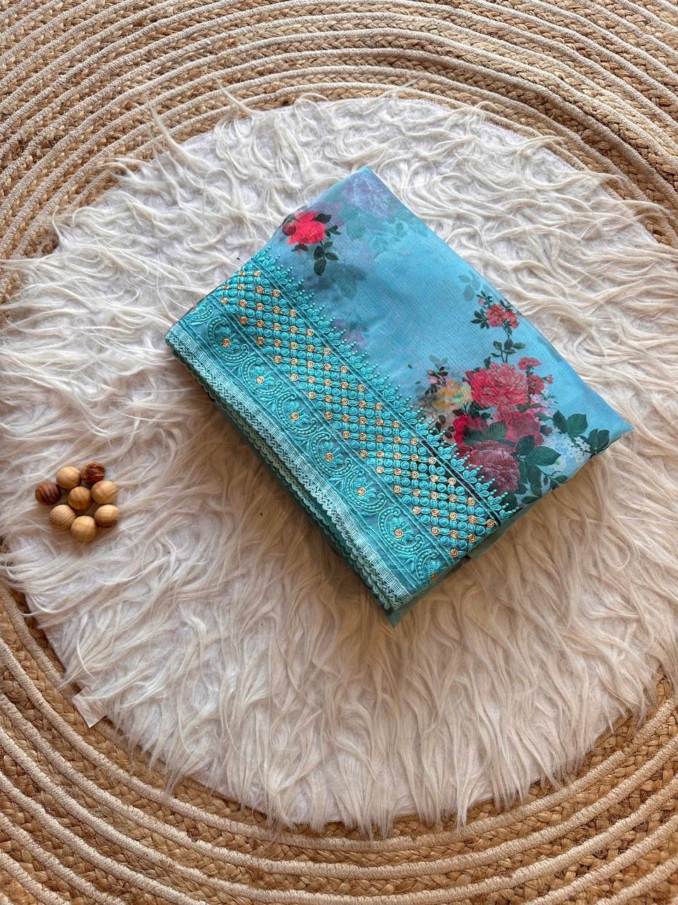 Superb Soft Refined Organza Silk Saree with Floral Digital Print & Lucknowi Chikankari Work