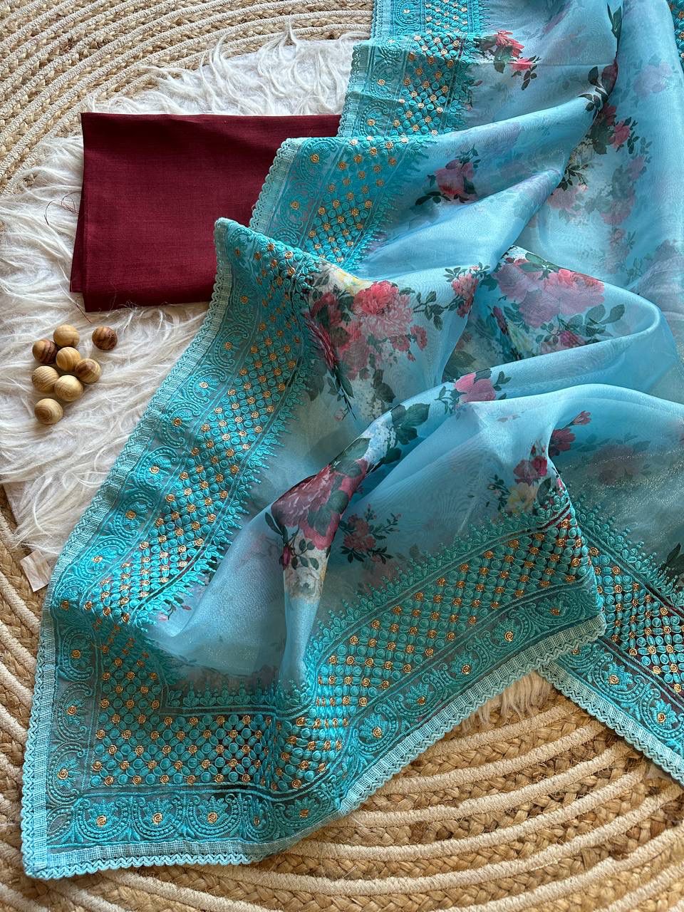 Superb Soft Refined Organza Silk Saree with Floral Digital Print & Lucknowi Chikankari Work