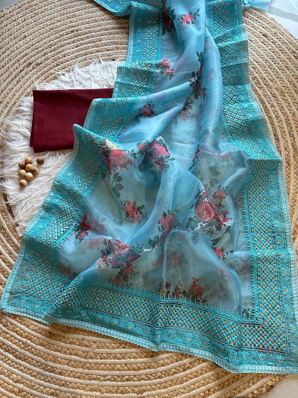 Superb Soft Refined Organza Silk Saree with Floral Digital Print & Lucknowi Chikankari Work