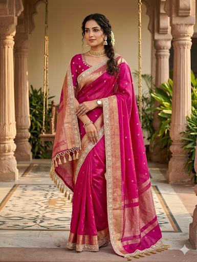 Soft Banarasi Tissue Silk Saree – Pearl & Diamond Lace Luxury Collection