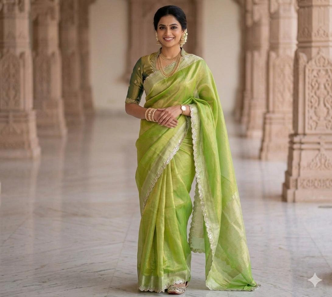 Premium Banarasi Crushed Tissue Silk Saree with Lace Border & Blouse | Lightweight Festive Designer Saree