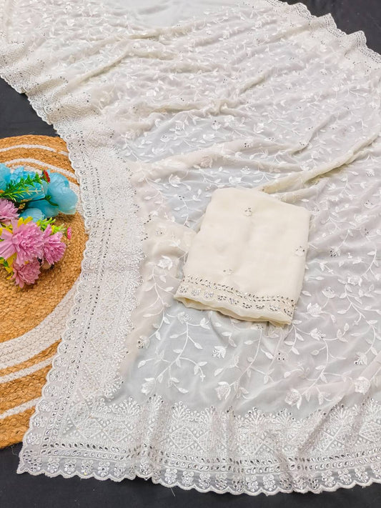 Premium Lakhnavi Chikankari White Saree