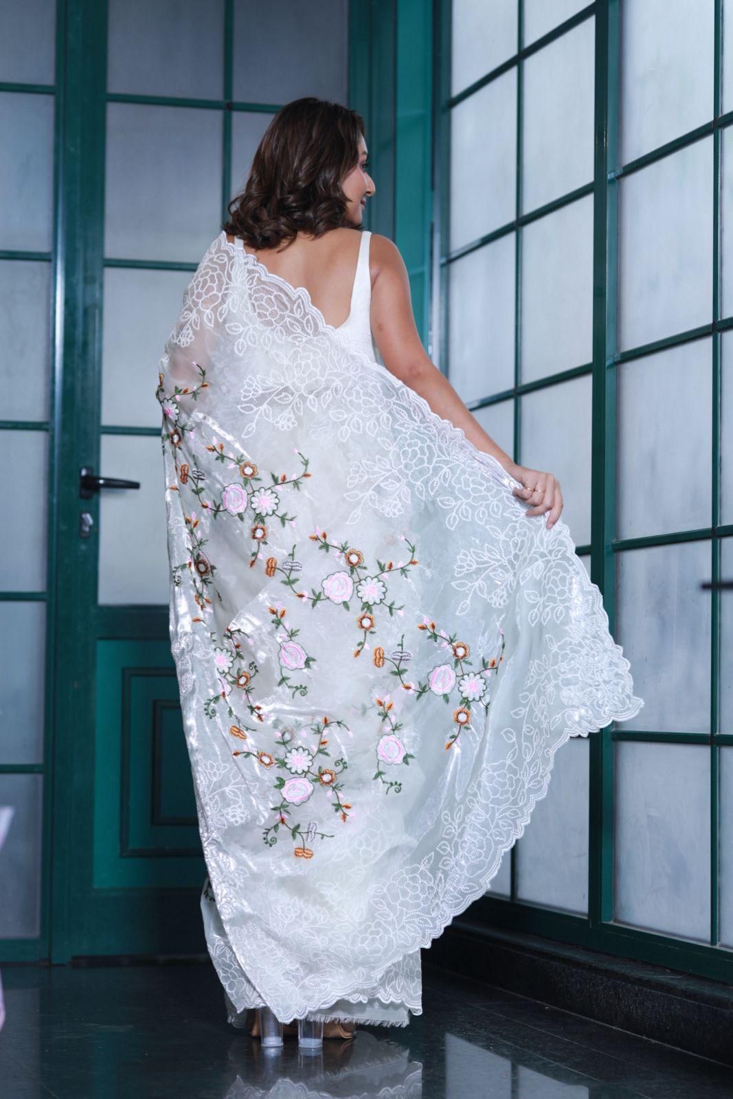 Shinning Silk Jimmy Choo Saree with Heavy Embroidery Jaal & Arca Cut Border